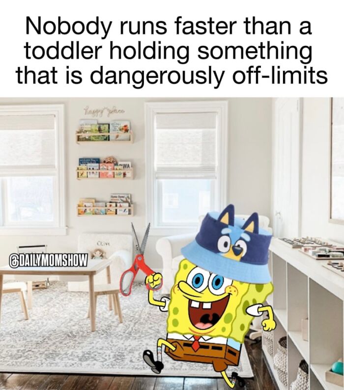 Toddler holding scissors and running in a bright playroom, illustrating funny parenting memes daily mom show humor.