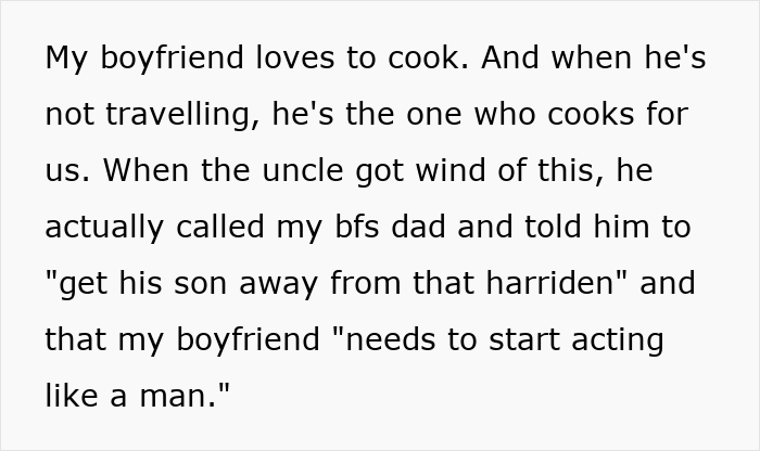 Text about boyfriend cooking and sexist uncle insisting he act like a man, highlighting gave boyfriend flowers sexist uncle issues.