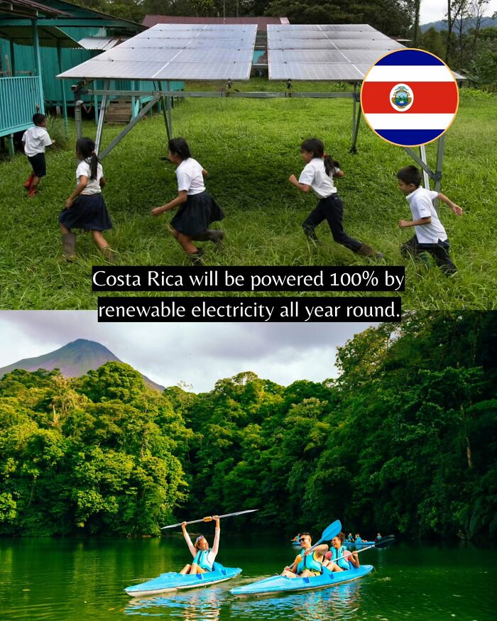 Children playing near solar panels and people kayaking in lush nature, showcasing good news on renewable energy progress worldwide.