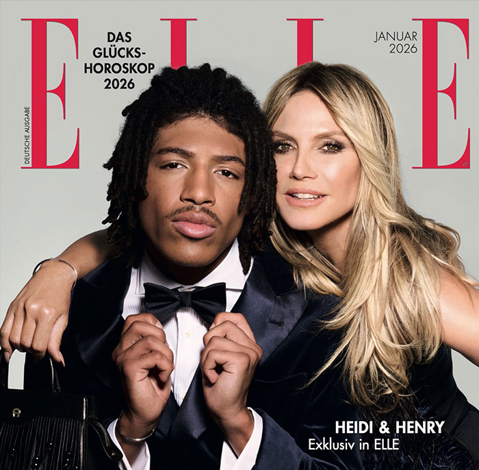 Heidi Klum and her son Henry posing together in formal attire for a magazine cover, showcasing star-like looks. Heidi Klum and her son Henry posing together in formal attire for a magazine cover, showcasing star-like looks.
