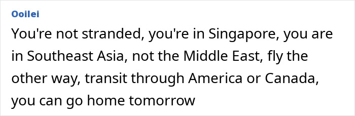 Screenshot of a social media comment mocking an influencer for falsely claiming to be stranded due to war and refusing to fly economy.