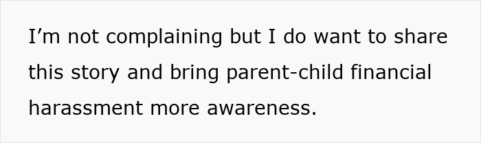Text message stating a person wants to share a story to raise awareness about parent-child financial harassment and debt issues.