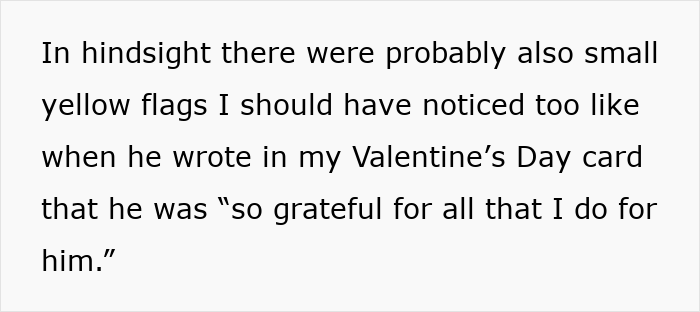 Text excerpt showing someone reflecting on small yellow flags in a relationship involving romantic indifference and favorite foods.