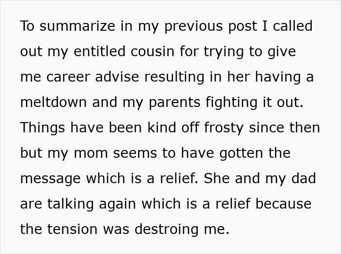 Text excerpt about a jobless 36-year-old dragging parents into competition with her PhD cousin causing family tension and losses.