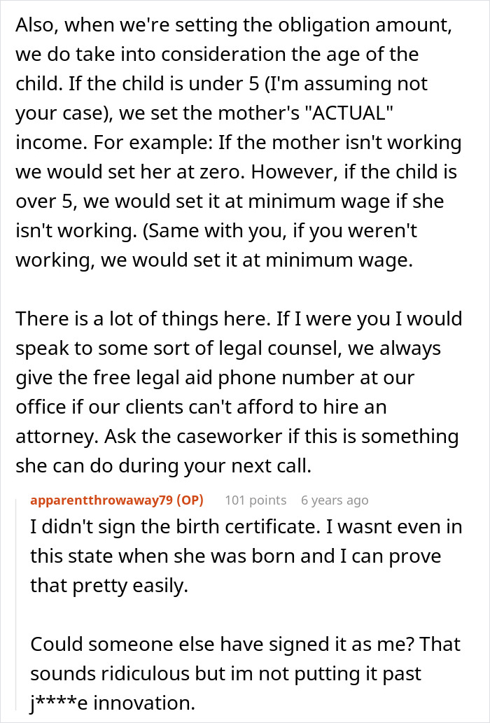 Screenshot of a legal advice discussion about child support obligations and a man learning he is her legal father. Screenshot of a legal advice discussion about child support obligations and a man learning he is her legal father.