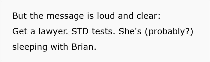Text on a plain white background reading a message about getting a lawyer and STD tests amid concerns of infidelity and open marriage.