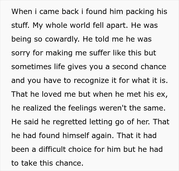 Text describing a man falling into deep regret after ditching fianc&eacute;e to chase the one that got away, expressing sorrow and second chances.