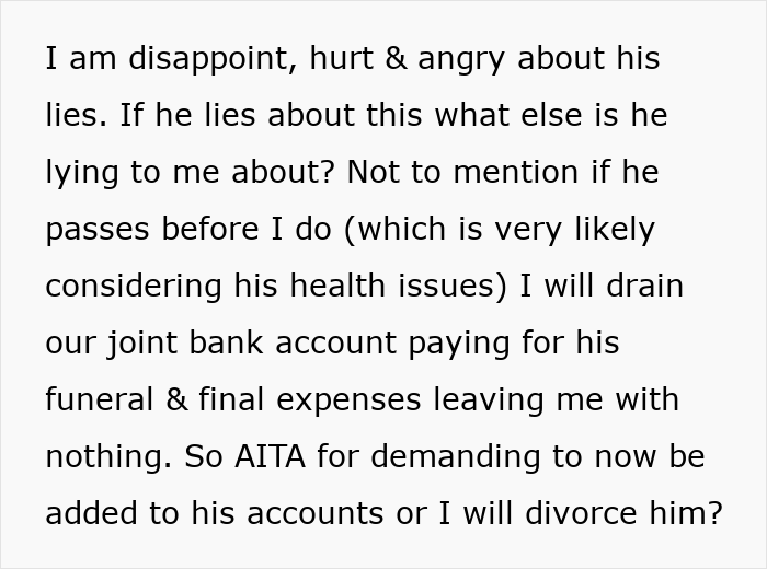 Alt text: Woman upset over husband lying about inheritance and threatening to leave her with nothing despite her care for him.