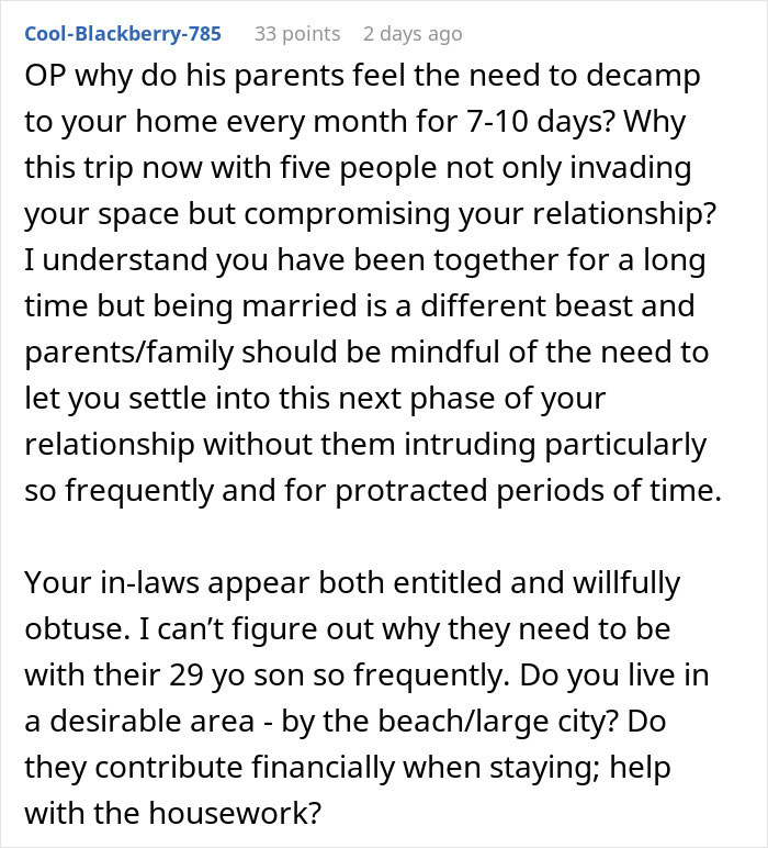 Online discussion highlighting wife feeling hurt and disrespected after husband approves family&rsquo;s 6-week stay without asking.