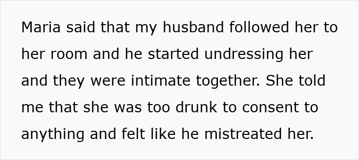 Text describing a wife discovering her husband without a shirt and bestie naked after hearing moaning, suspecting something happened.