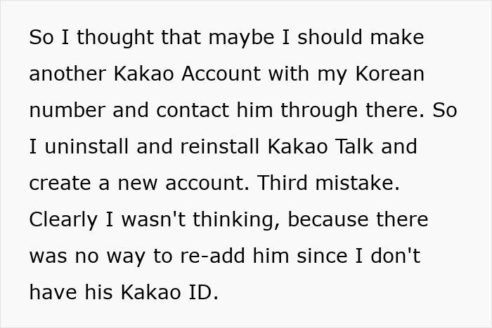 Text about uninstalling and reinstalling Kakao Talk, realizing no way to reach him after deleting dating app following perfect first date abroad.