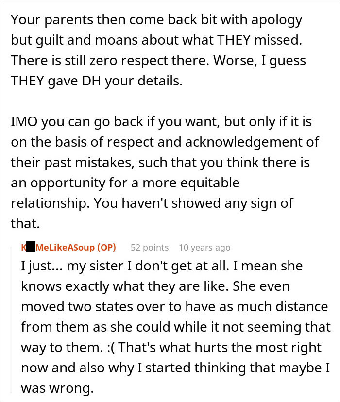 Text excerpt from a story about a woman cutting off parents after catching mom with fiancé and facing backlash.