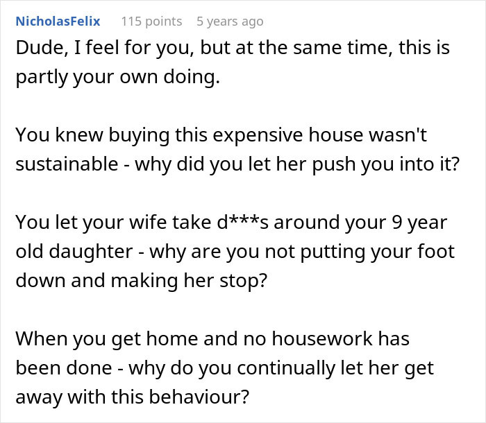 Screenshot of an online comment criticizing a guy's wife and expressing concern for their 9-year-old daughter.