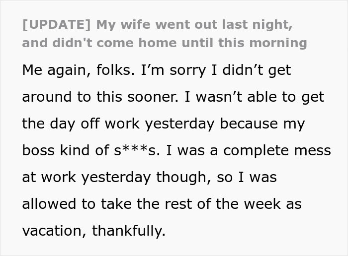 Text post update about wife cheating multiple times for variety, husband informing her parents and then leaving the relationship.