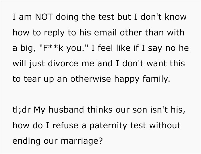 Texto expressando angústia por recusar um teste de paternidade para proteger o casamento e a estabilidade familiar. Texto expressando angústia por recusar um teste de paternidade para proteger o casamento e a estabilidade familiar.