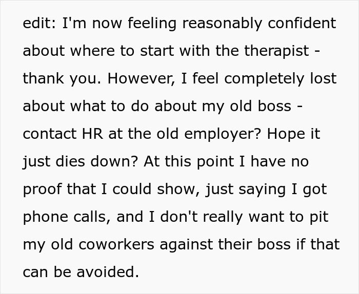 Text discussing confusion about coworkers knowing personal information and concerns about therapist being boss's husband.