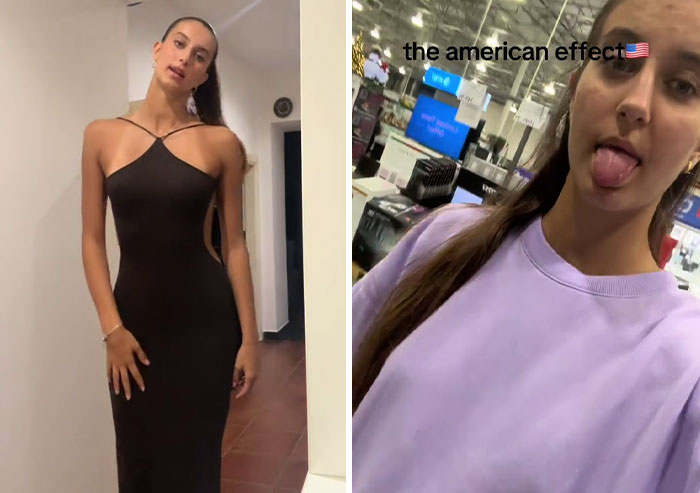 Woman showing before and after photos highlighting the America effect on her lifestyle and appearance in the US.