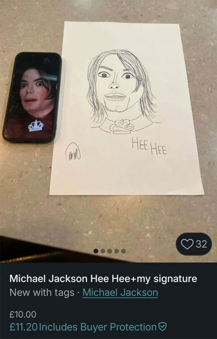 A humorous Vinted listing featuring a hand-drawn Michael Jackson sketch with the phrase Hee Hee and a phone image.