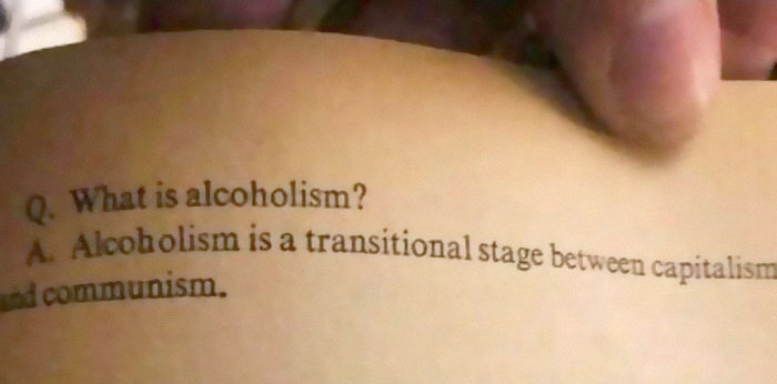 Text on skin reading a dark humor meme about alcoholism, fitting the theme of memes for existential crisis relief or impact.