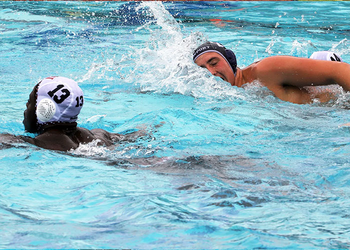 Two water polo teammates in action during an intense underwater incident with a new Hollywood connection.