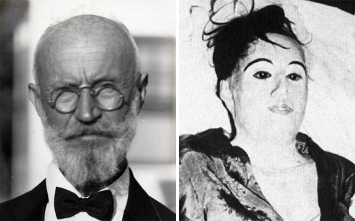 Black and white photo of an elderly man in a tuxedo and a woman wearing a mask, illustrating crazy things people did for love.