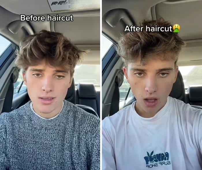 Young man in a car showing a messy haircut and reaction, highlighting hairdresser mistakes traumatizing people's locks.