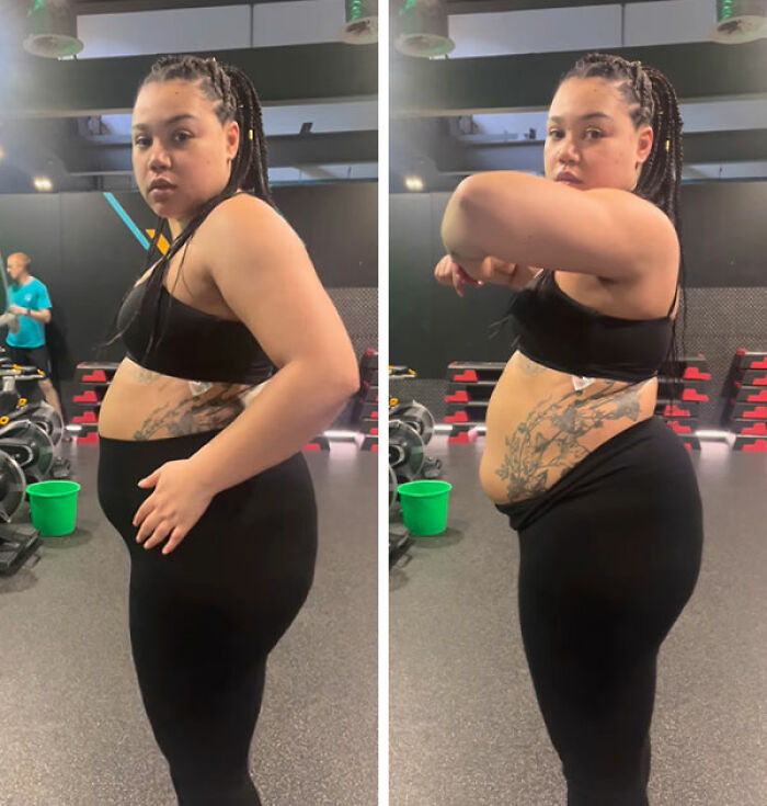 Bridgerton actress showing the physical impact of mental health struggles on her body in a gym setting.