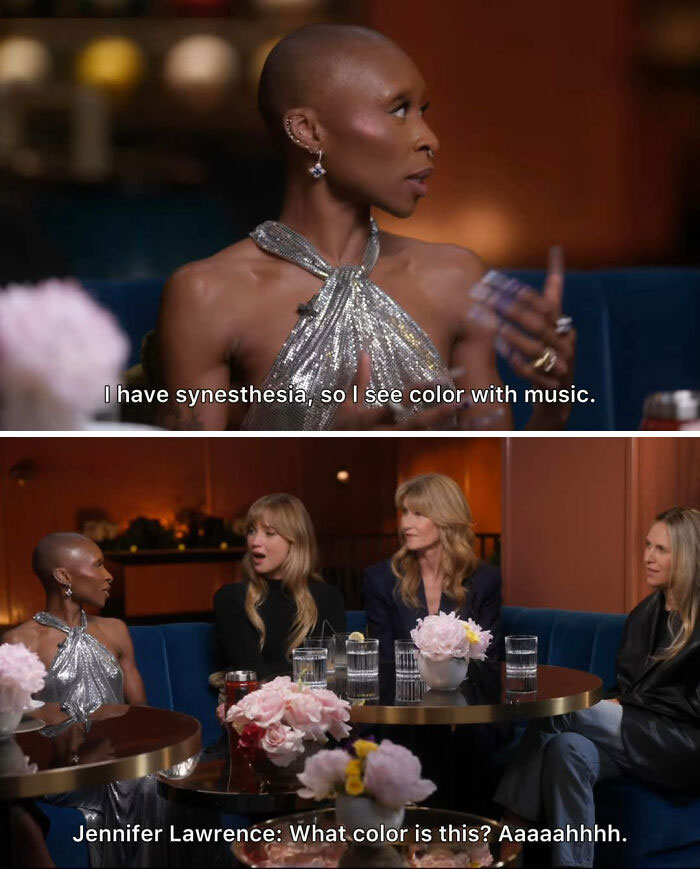 Four women discuss synesthesia and colors at a round table in a film industry meme about movie and film industry humor.