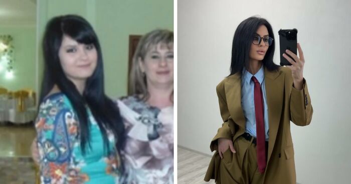 Before and after transformations showing a woman’s impressive life change over three years with confident style and fitness.