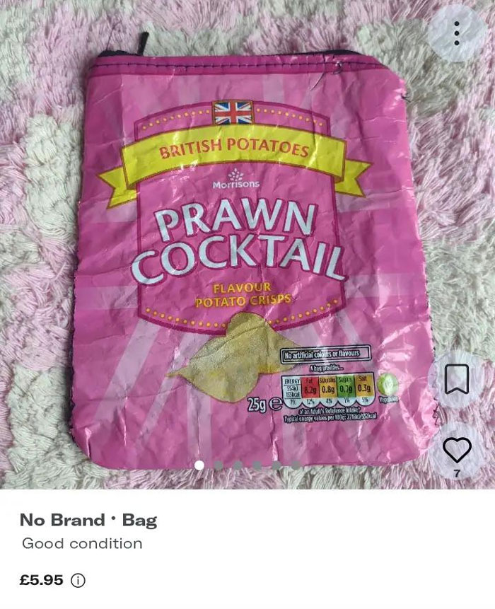 Pink bag designed to look like a prawn cocktail crisps packet listed on Vinted as a humorous item for sale.