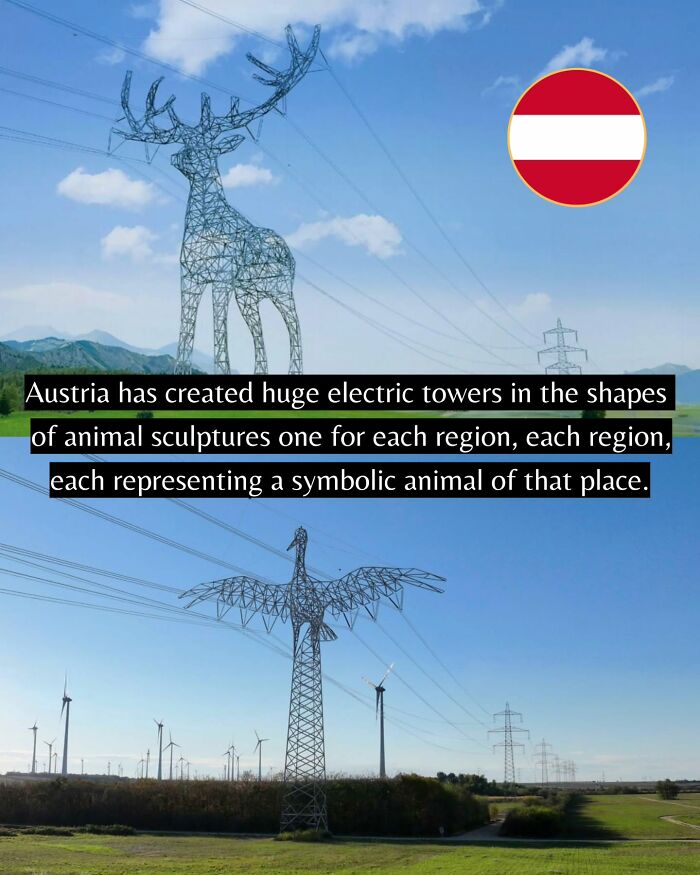 Large electric towers in Austria shaped like symbolic animals, showcasing creative good news from around the world.