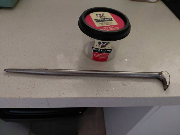 Long metal object with a bent end placed on a counter next to a small container, internet solves mystery of unidentified objects.
