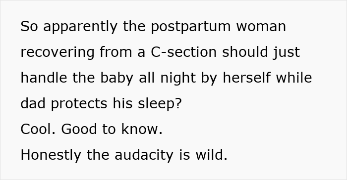 Text about postpartum woman and dad caring for baby, highlighting concerns about man doing too much at 4 AM.