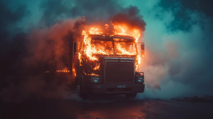 Truck engulfed in flames with thick smoke surrounding, illustrating dramatic scene for people heard and prayed were a joke.