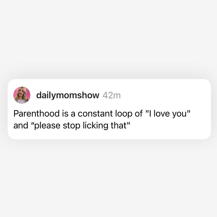 Funny parenting meme text about parenthood being a loop of love and asking children to stop licking things.