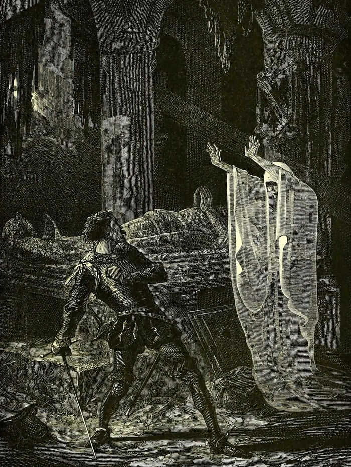 Ghost And Knight. Engraving By An Unknown 19th-Century French Artist