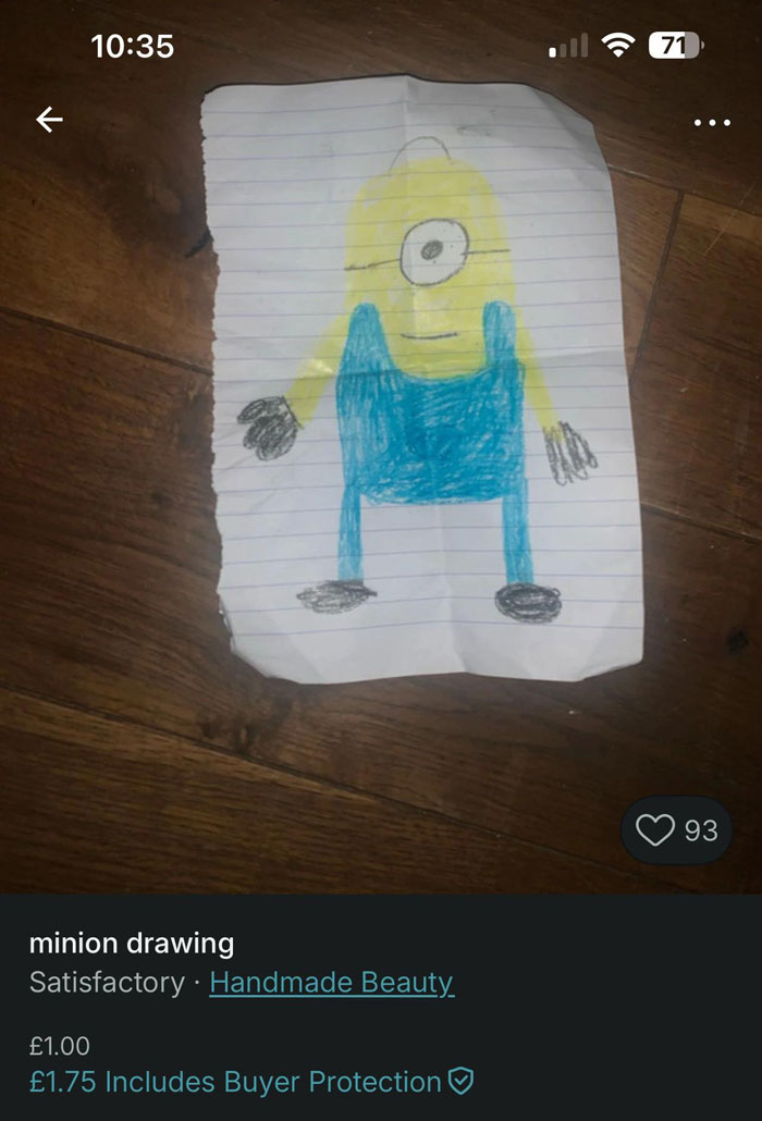 Hand-drawn minion sketch on lined paper listed on Vinted, showcasing hilarious listings with zero rules on Vinted.