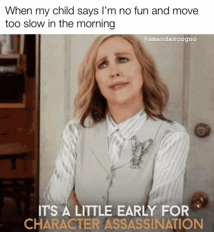 Woman with a skeptical expression, funny parenting memes showing morning struggles with kids and character assassination humor.