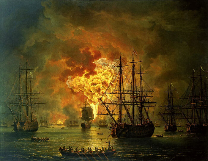 Destruction Of The Turkish Fleet In The Bay Of Chesme, Circa 1771 By Jacob Philipp Hackert (German, 1737–1807)