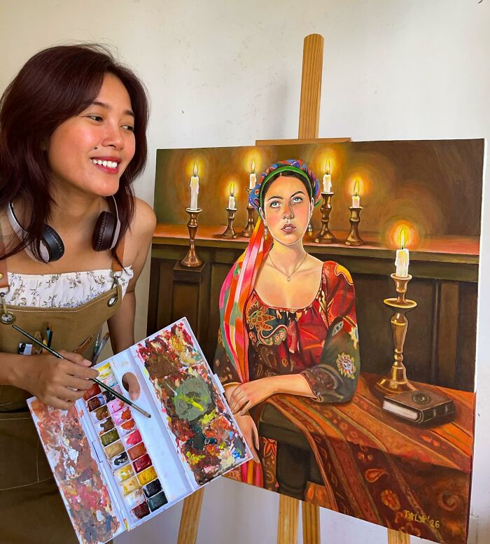 Female artist holding paint palette and brush beside detailed candlelit painting, showcasing women choosing power tools and lab coats.