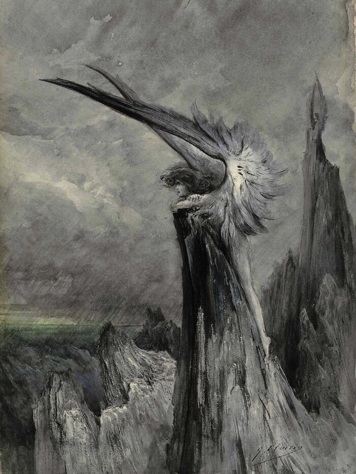 Winged Chimera Above The Cliffs Of Port Cato In Belle-Ile By Clairin Georges Jules Victor (1843 - 1919)