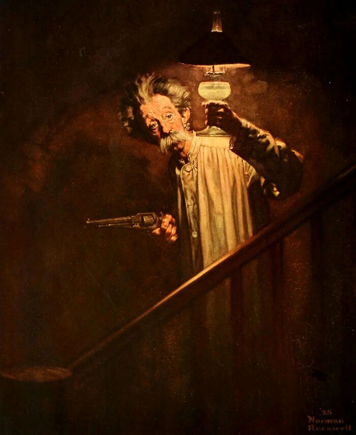 Older Man With A Light Descending The Stairs, Circa 1926 By, Norman Rockwell