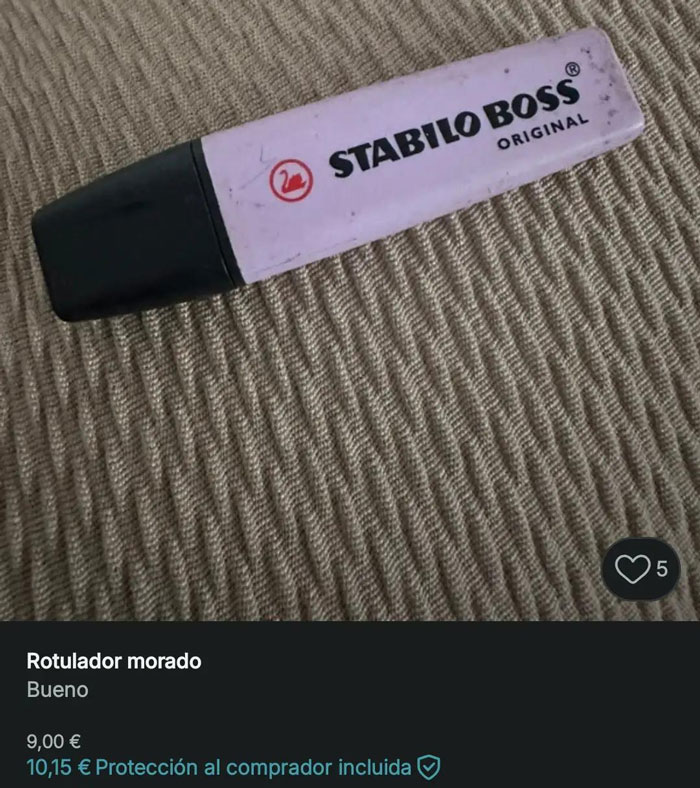 Purple Stabilo Boss highlighter listing on Vinted with humorous and unusual product descriptions proving zero rules apply.
