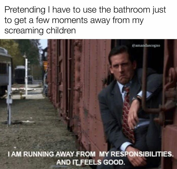 Man in suit leaning out of train door with text about pretending to use bathroom to escape screaming children, funny parenting meme.