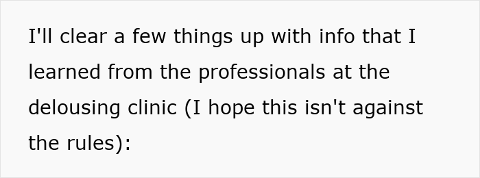 Text on a white background explaining information learned from professionals at a delousing clinic about treating lice.