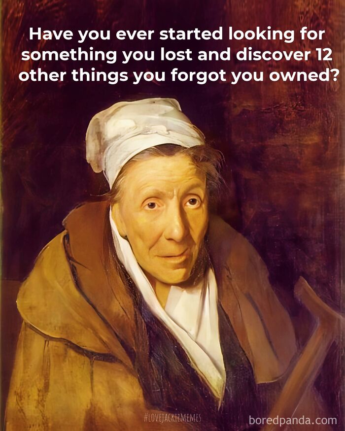 Classical art meme featuring an elderly woman with sarcastic text about losing and forgetting things.