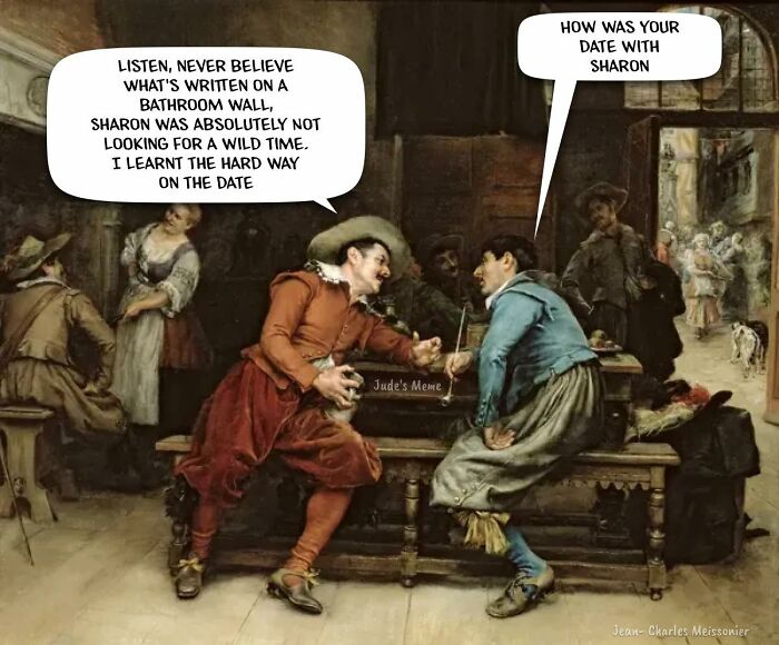 Classical art meme showing two men humorously discussing a bad date, blending classical art with sarcastic humor.