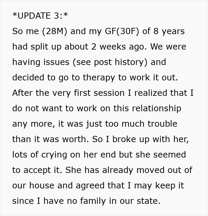 Text update about relationship issues and breakup after therapy, reflecting on trashing girlfriend&rsquo;s gift emotions and decisions.