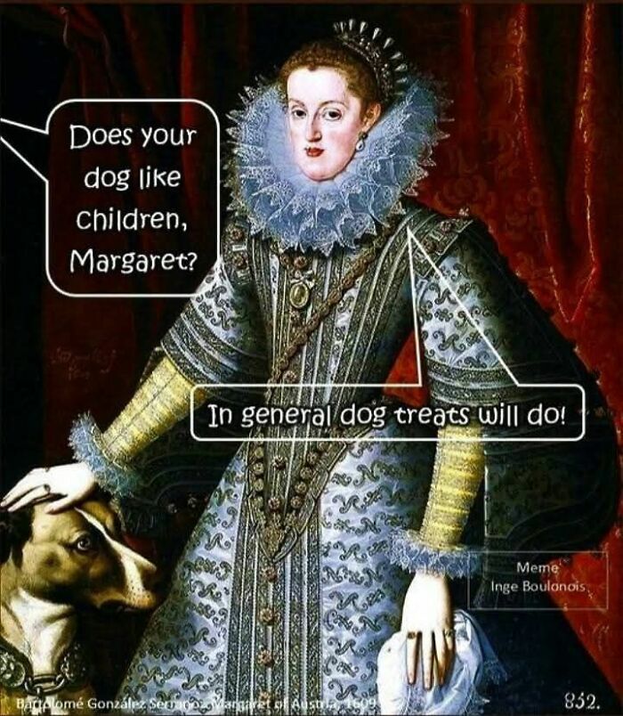 Classical art meme with a humorous dialogue about a dog and dog treats in an aristocratic portrait setting.