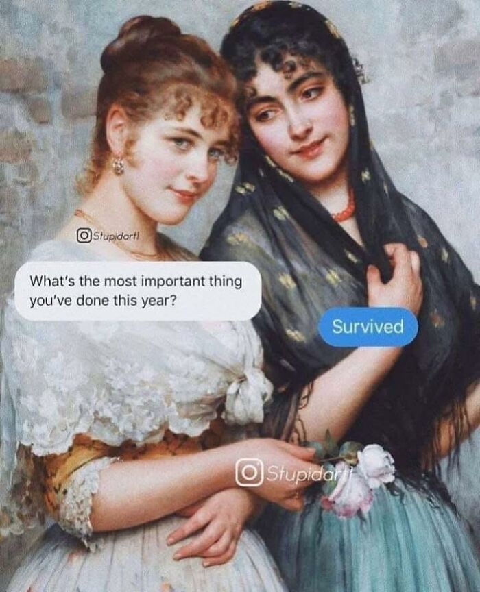 Classical art meme showing two women with text bubbles in a humorous sarcastic style for classical art memes.